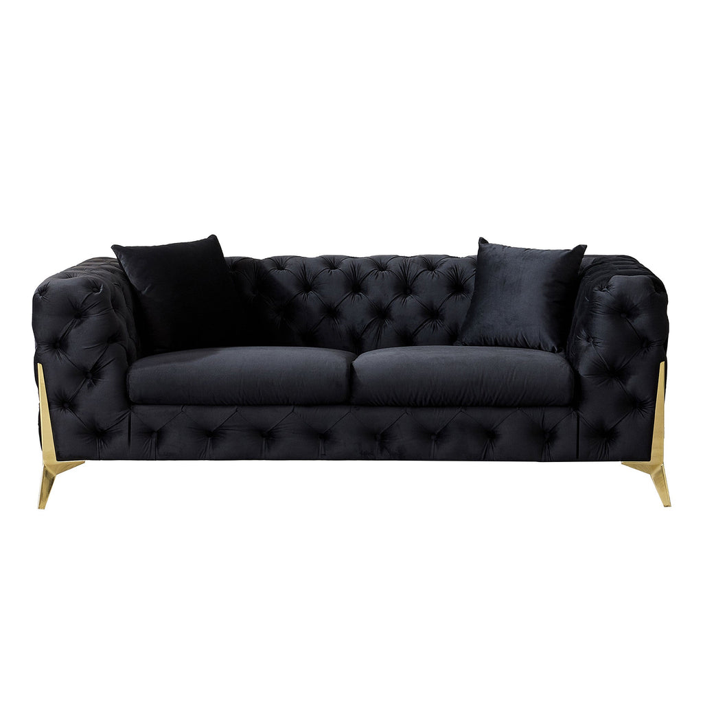 ARMCHAIR/LOVESEAT/SOFA VELVET:100% POLYESTER SOLID WOOD STRUCTURE HIGH-DENSITY FOAM GOLD METAL LEG ARMCHAIR::48"Lx35"Dx30"H LOVESEAT: 72"Lx35"Dx30"H SOFA:96"Lx35"Dx30"H AVAILABLE COLOR: BLACK/BLUE/GREY