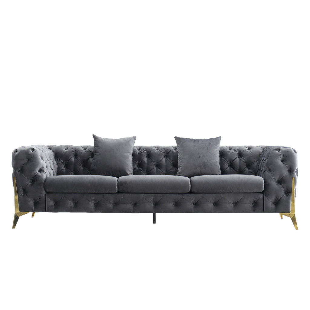 ARMCHAIR/LOVESEAT/SOFA VELVET:100% POLYESTER SOLID WOOD STRUCTURE HIGH-DENSITY FOAM GOLD METAL LEG ARMCHAIR::48"Lx35"Dx30"H LOVESEAT: 72"Lx35"Dx30"H SOFA:96"Lx35"Dx30"H AVAILABLE COLOR: BLACK/BLUE/GREY