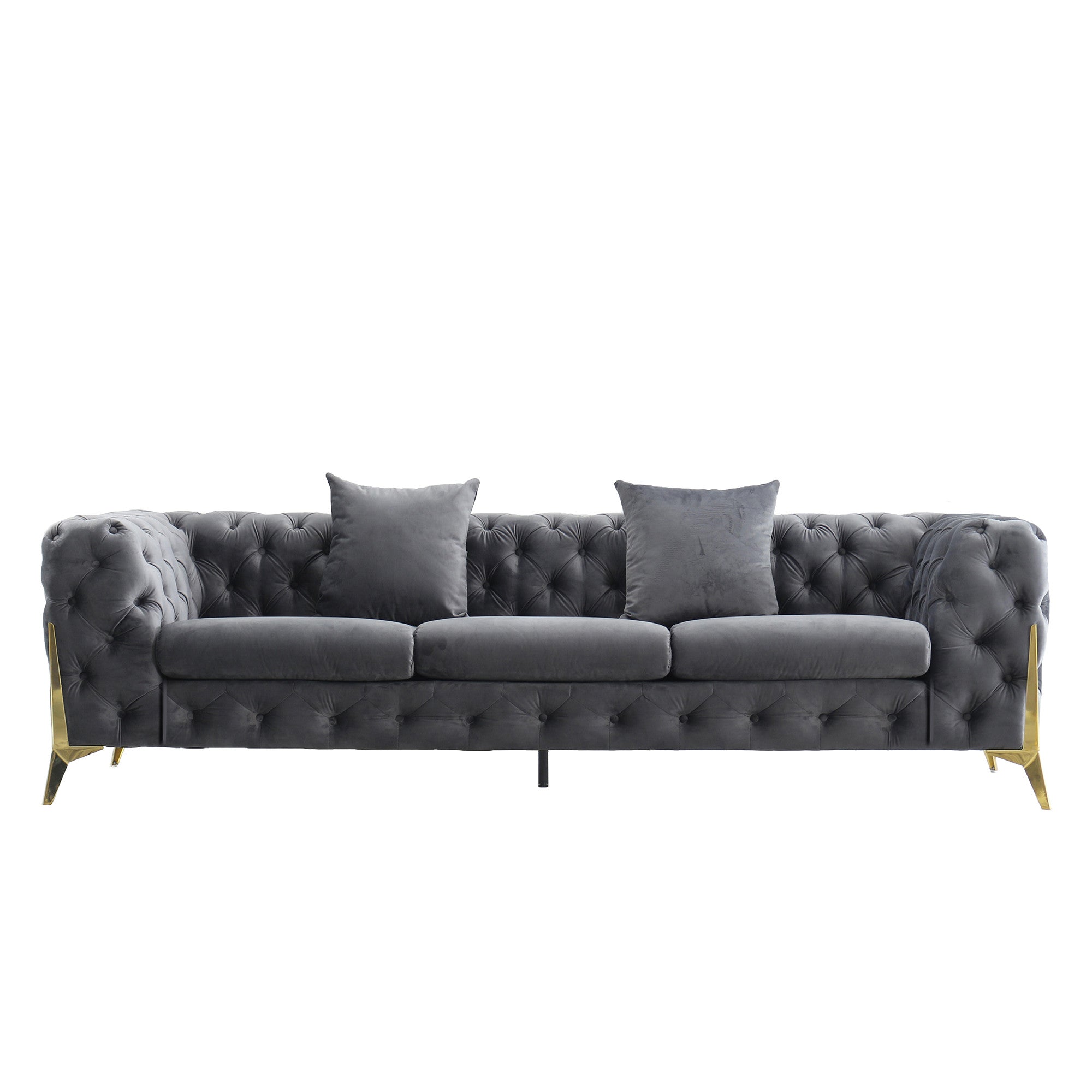 ARMCHAIR/LOVESEAT/SOFA VELVET:100% POLYESTER SOLID WOOD STRUCTURE HIGH-DENSITY FOAM GOLD METAL LEG ARMCHAIR::48"Lx35"Dx30"H LOVESEAT: 72"Lx35"Dx30"H SOFA:96"Lx35"Dx30"H AVAILABLE COLOR: BLACK/BLUE/GREY
