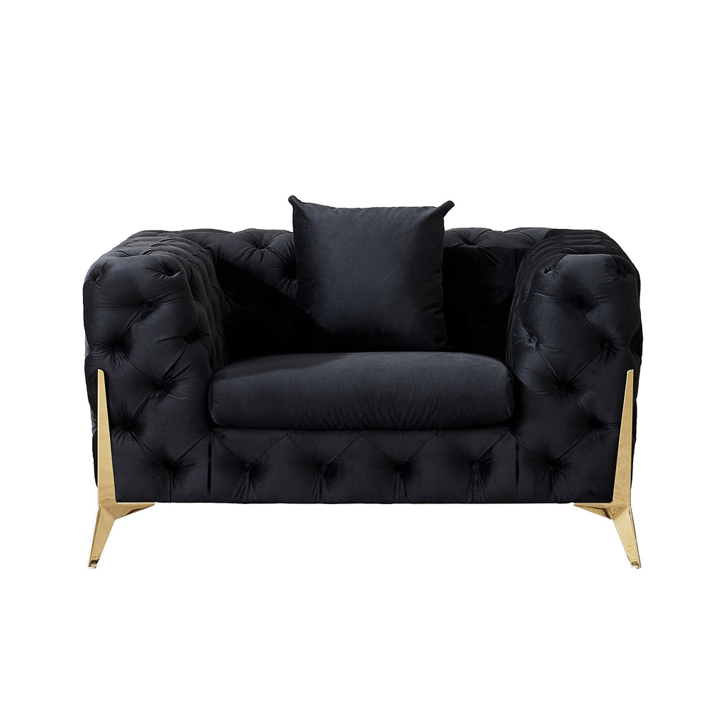 ARMCHAIR/LOVESEAT/SOFA VELVET:100% POLYESTER SOLID WOOD STRUCTURE HIGH-DENSITY FOAM GOLD METAL LEG ARMCHAIR::48"Lx35"Dx30"H LOVESEAT: 72"Lx35"Dx30"H SOFA:96"Lx35"Dx30"H AVAILABLE COLOR: BLACK/BLUE/GREY