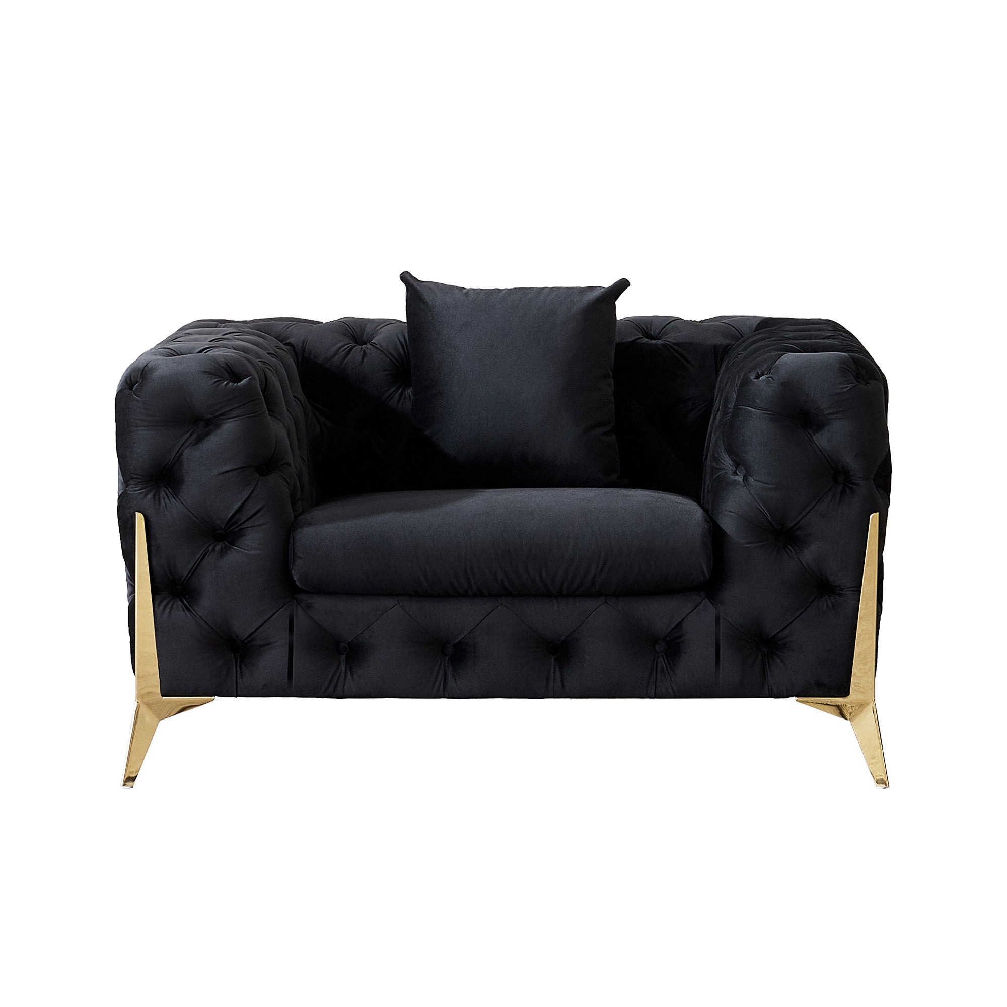 ARMCHAIR/LOVESEAT/SOFA VELVET:100% POLYESTER SOLID WOOD STRUCTURE HIGH-DENSITY FOAM GOLD METAL LEG ARMCHAIR::48"Lx35"Dx30"H LOVESEAT: 72"Lx35"Dx30"H SOFA:96"Lx35"Dx30"H AVAILABLE COLOR: BLACK/BLUE/GREY