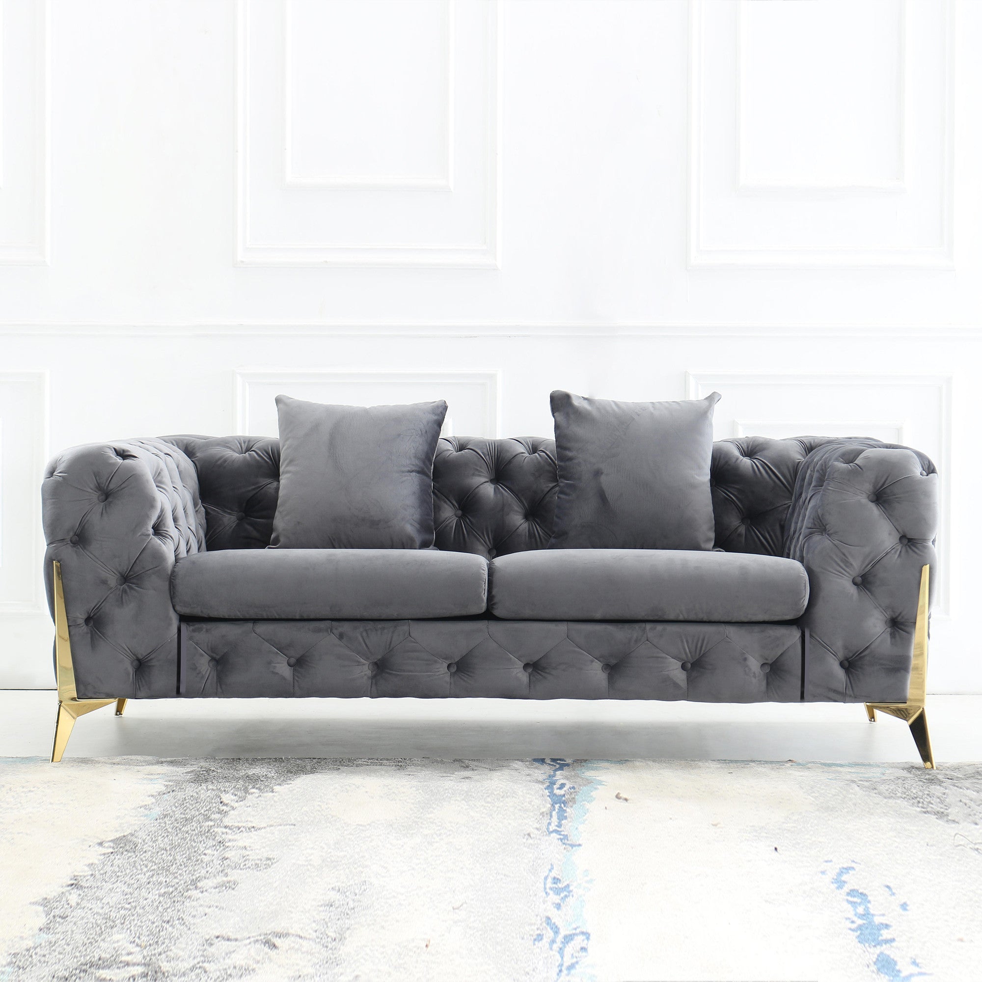 ARMCHAIR/LOVESEAT/SOFA VELVET:100% POLYESTER SOLID WOOD STRUCTURE HIGH-DENSITY FOAM GOLD METAL LEG ARMCHAIR::48"Lx35"Dx30"H LOVESEAT: 72"Lx35"Dx30"H SOFA:96"Lx35"Dx30"H AVAILABLE COLOR: BLACK/BLUE/GREY
