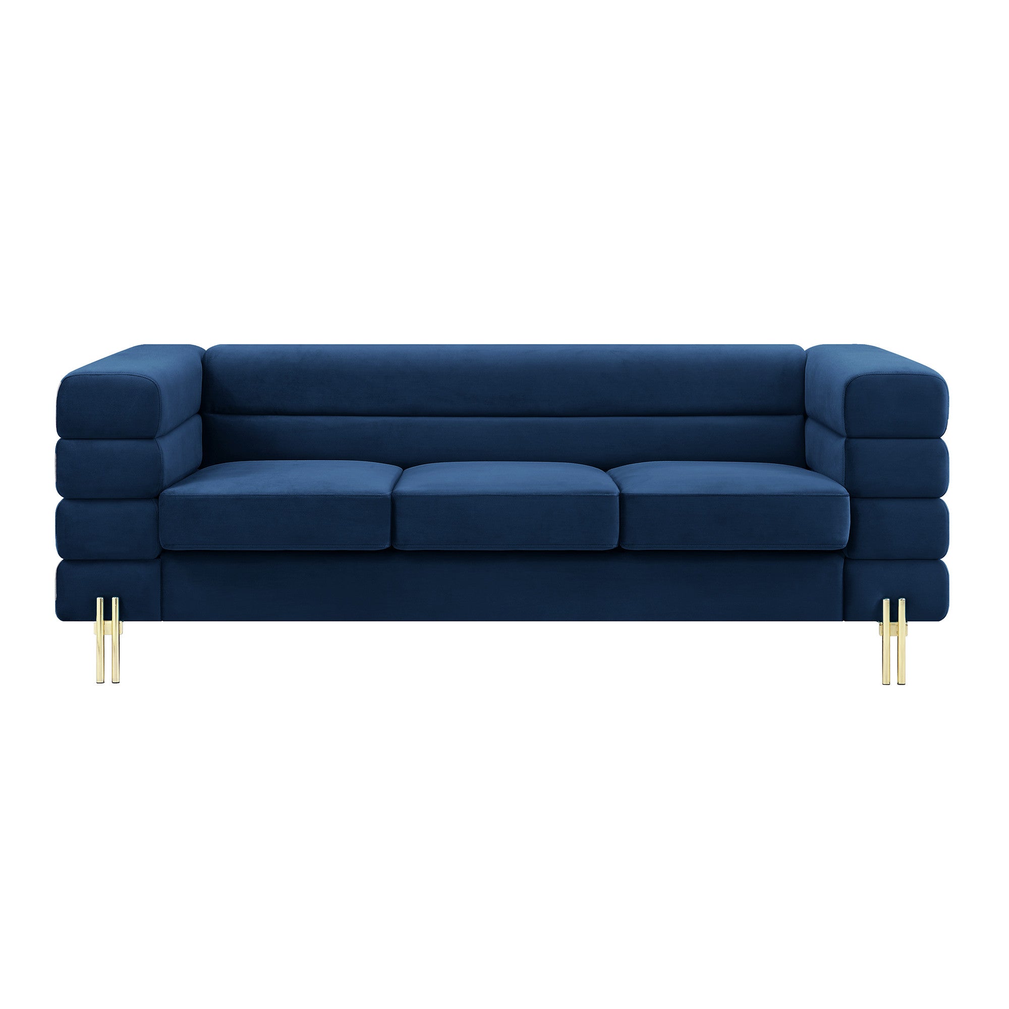 ARMCHAIR/LOVESEAT/SOFA VELVET:100% POLYESTER SOLID WOOD STRUCTURE HIGH-DENSITY FOAM GOLD METAL LEG SOFA:86.6"Lx35"Dx30.7"H AVAILABLE COLOR: BLUE