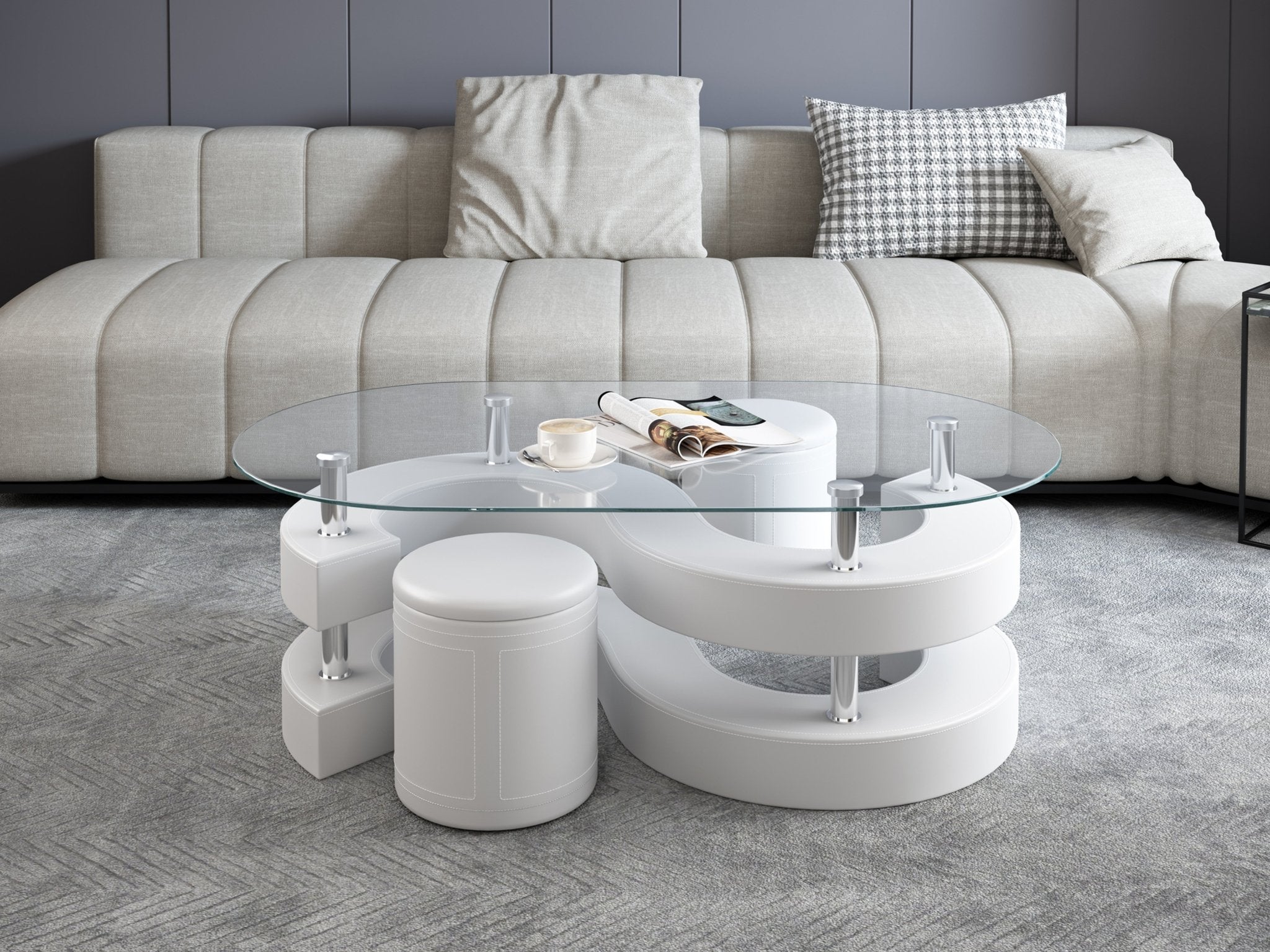 OVAL COFFEE TABLE SET TEMPERED GLASS 10MM / MDF / METAL / PU / 2 ROUND STOOLS COLOR OPTIONS: BLACK WHITE BROWN RED SIZE : L50.5xW27.5xH17.5"