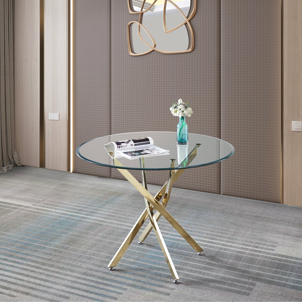 ROUNDDNING TABLE 10 MM CLEAR TEMPERED GLASS 201 STAINLESS STEEL SILVER/GOLD MIRRORED FINISH SIZE:36.0"Lx36.0"Dx30.2"H