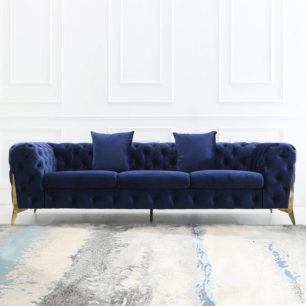 ARMCHAIR/LOVESEAT/SOFA VELVET:100% POLYESTER SOLID WOOD STRUCTURE HIGH-DENSITY FOAM GOLD METAL LEG ARMCHAIR::48"Lx35"Dx30"H LOVESEAT: 72"Lx35"Dx30"H SOFA:96"Lx35"Dx30"H AVAILABLE COLOR: BLACK/BLUE/GREY