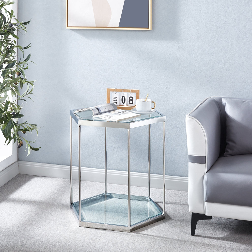 HEXAGON END TABLE TEMPERED GLASS/ STAINLESS STEEL AVAILABLE COLOR: GOLD/ SILVER FINISH SIZES : 22.8"L x 19.7"D x 23.6"H (ONLY ONE IN PER PACKAGE, PLEASE PURCHASE CORRESPONDING QUANTITY IF YOU NEED COMBINATION)