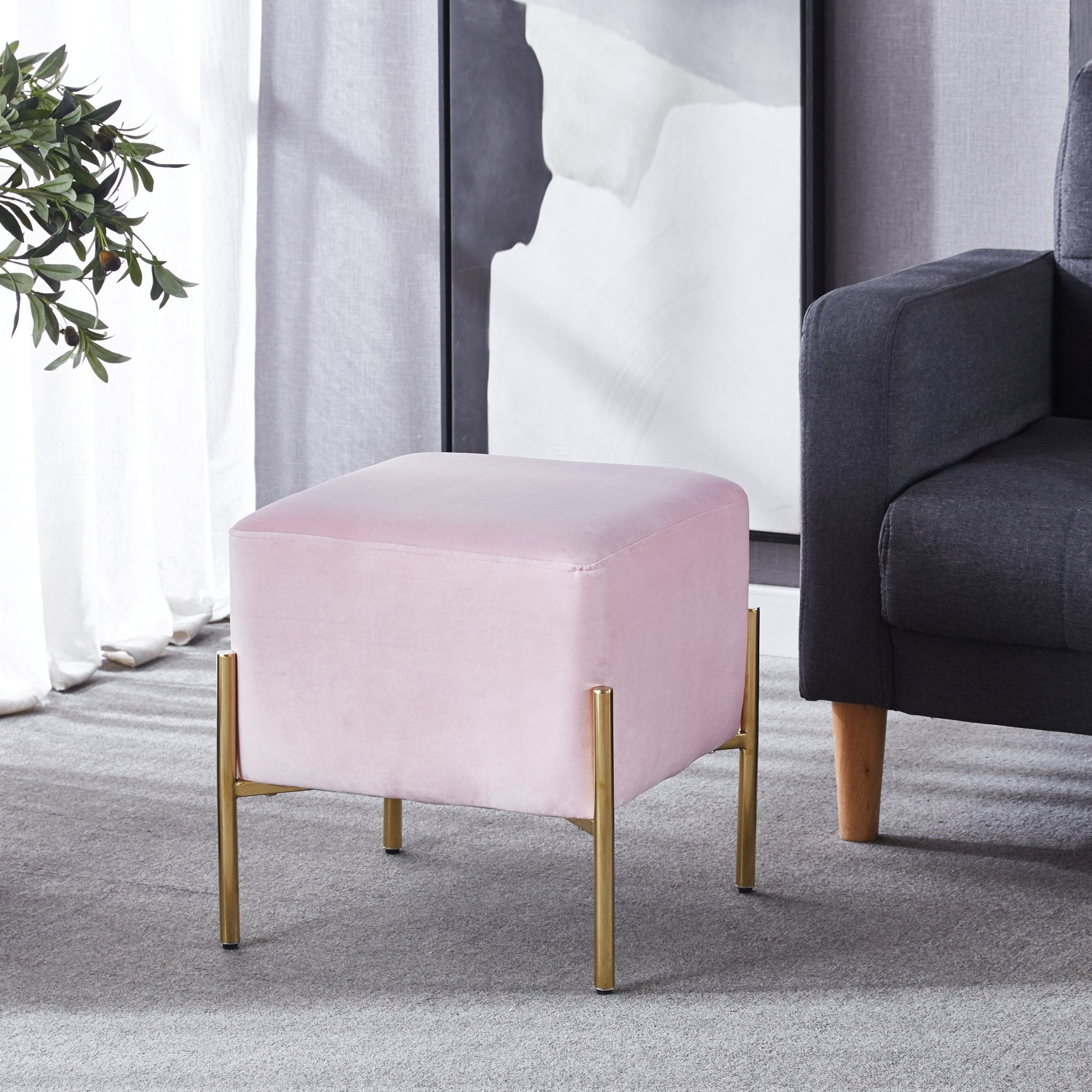 G02 SQUARE OTTOMAN VELVET/ STAINLESS STEEL LEGS/ GOLD  FINISH COLOR: BLACK/ BLUE/ GREY/ PINK/ WHITE SIZE: 16"Lx16"Dx16"H