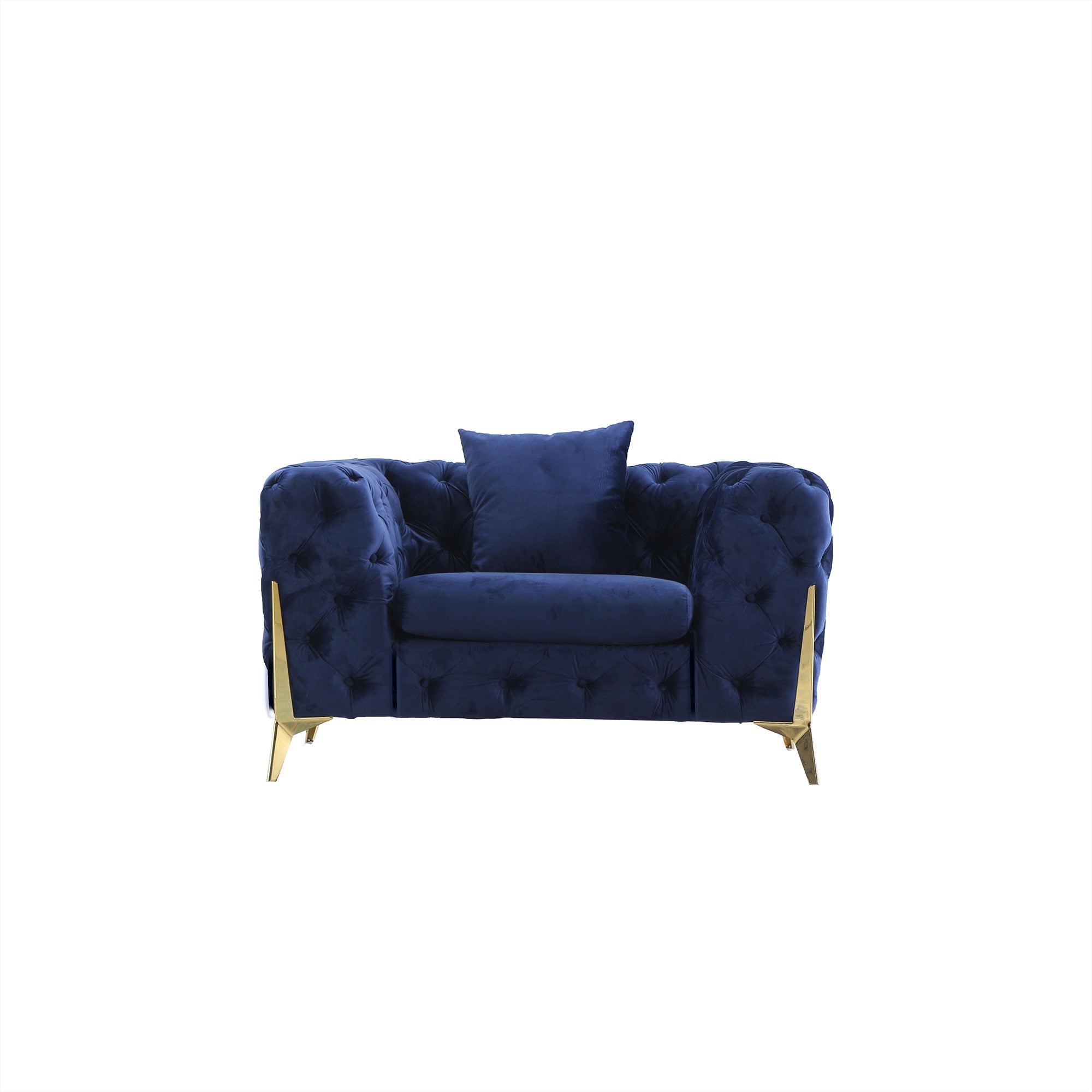 ARMCHAIR/LOVESEAT/SOFA VELVET:100% POLYESTER SOLID WOOD STRUCTURE HIGH-DENSITY FOAM GOLD METAL LEG ARMCHAIR::48"Lx35"Dx30"H LOVESEAT: 72"Lx35"Dx30"H SOFA:96"Lx35"Dx30"H AVAILABLE COLOR: BLACK/BLUE/GREY