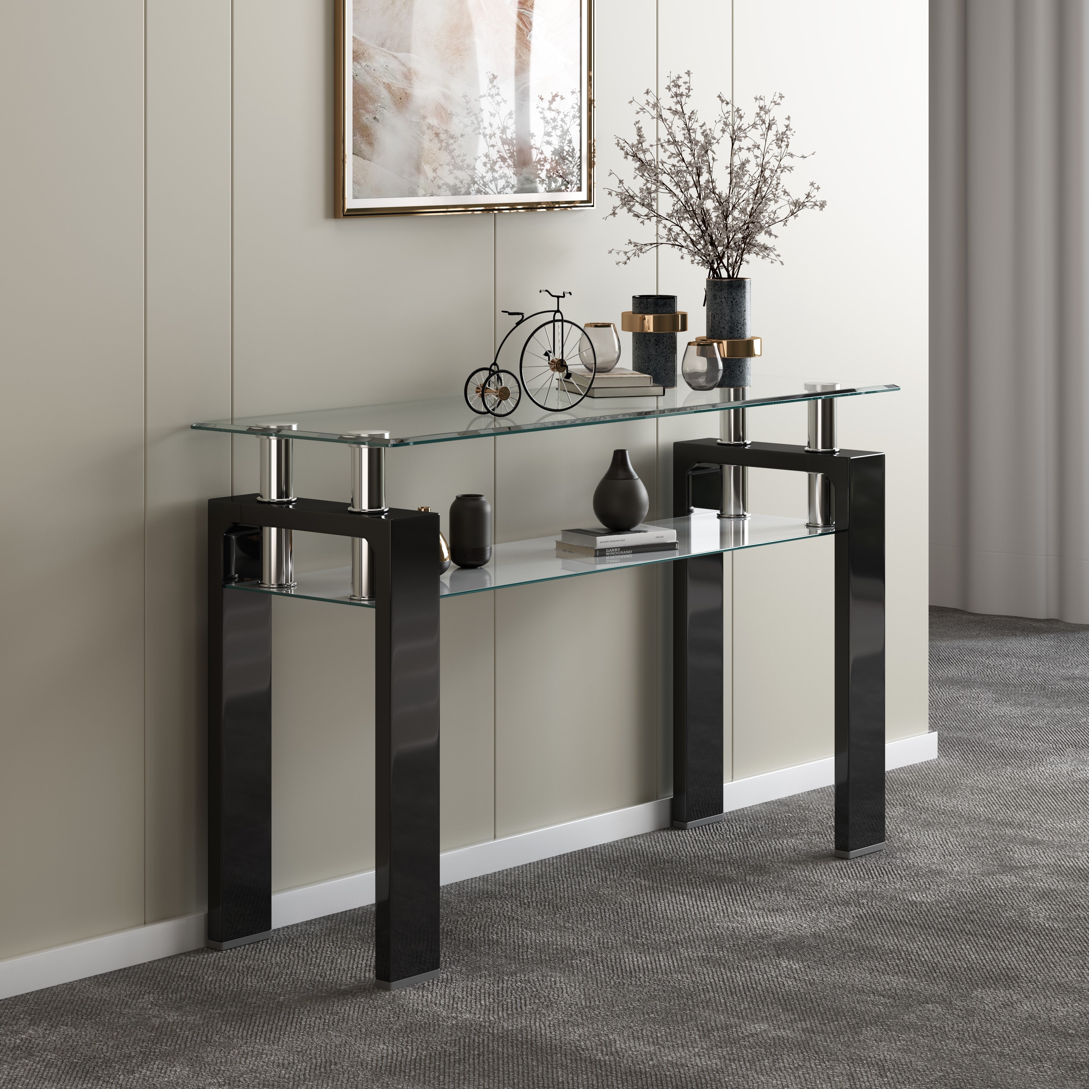 RECTANGULAR SOFA TABLE BEVELED TEMPERED GLASS 10MM / MDF / SHINY FINISH COLOR OPTIONS: WHITE BLACK SIZE : L45xW17.5xH31.5"