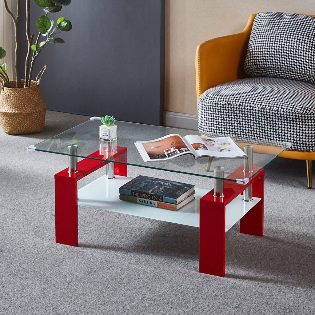 RECTANGULAR COFFEE TABLE BEVELED TEMPERED GLASS 10MM / MDF / SHINY FINISH COLOR OPTIONS: WHITE BLACK RED SIZE : L37.20" x W21.46" x H15.75