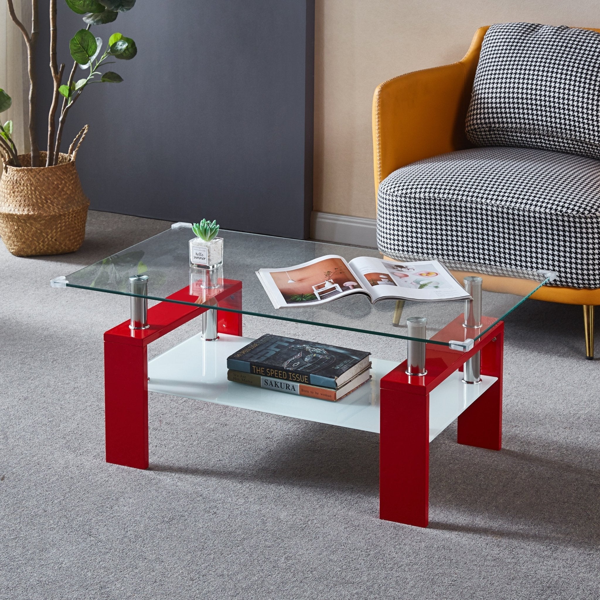 RECTANGULAR COFFEE TABLE BEVELED TEMPERED GLASS 10MM / MDF / SHINY FINISH COLOR OPTIONS: WHITE BLACK RED SIZE : L37.20" x W21.46" x H15.75