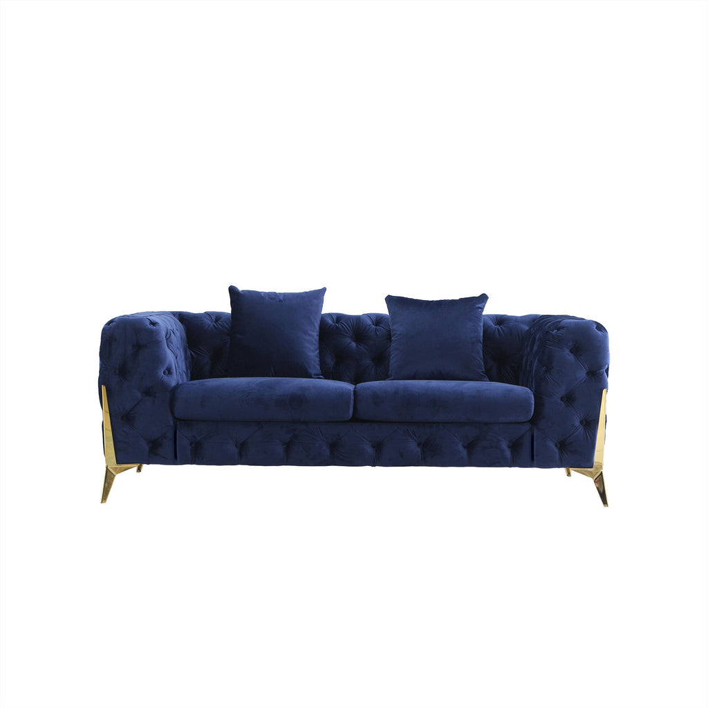ARMCHAIR/LOVESEAT/SOFA VELVET:100% POLYESTER SOLID WOOD STRUCTURE HIGH-DENSITY FOAM GOLD METAL LEG ARMCHAIR::48"Lx35"Dx30"H LOVESEAT: 72"Lx35"Dx30"H SOFA:96"Lx35"Dx30"H AVAILABLE COLOR: BLACK/BLUE/GREY