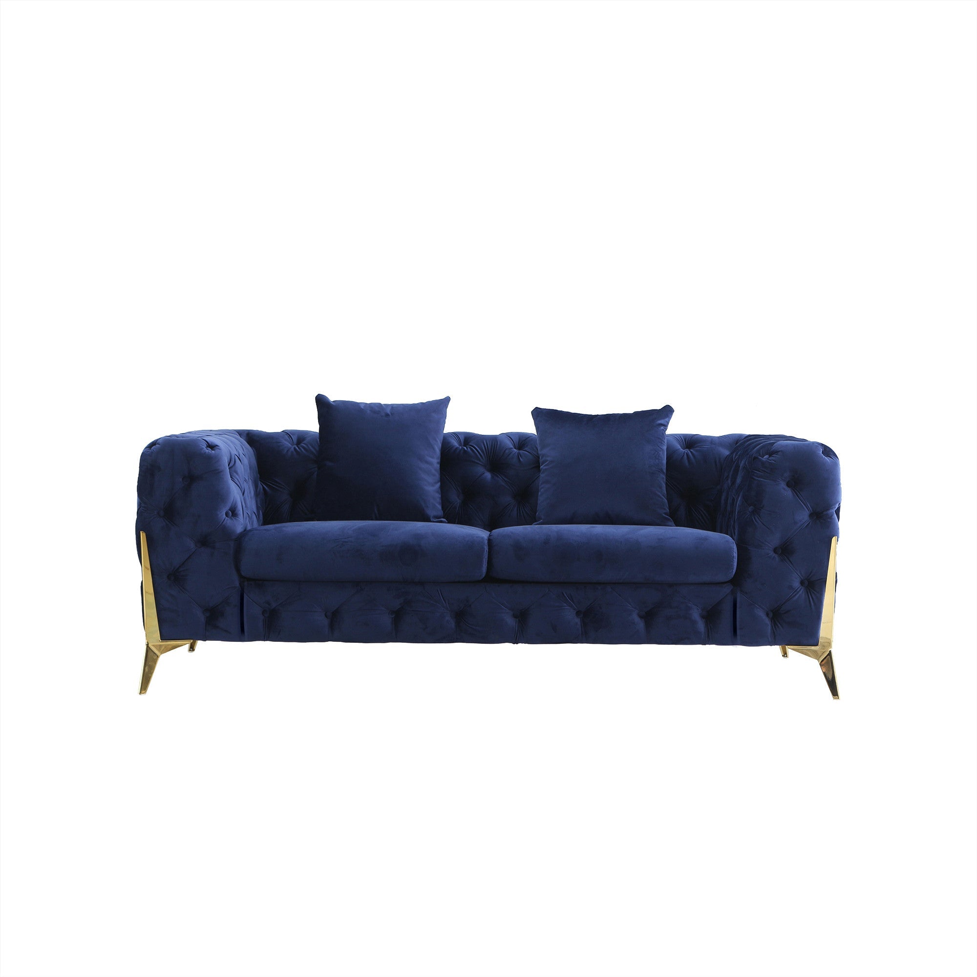 ARMCHAIR/LOVESEAT/SOFA VELVET:100% POLYESTER SOLID WOOD STRUCTURE HIGH-DENSITY FOAM GOLD METAL LEG ARMCHAIR::48"Lx35"Dx30"H LOVESEAT: 72"Lx35"Dx30"H SOFA:96"Lx35"Dx30"H AVAILABLE COLOR: BLACK/BLUE/GREY