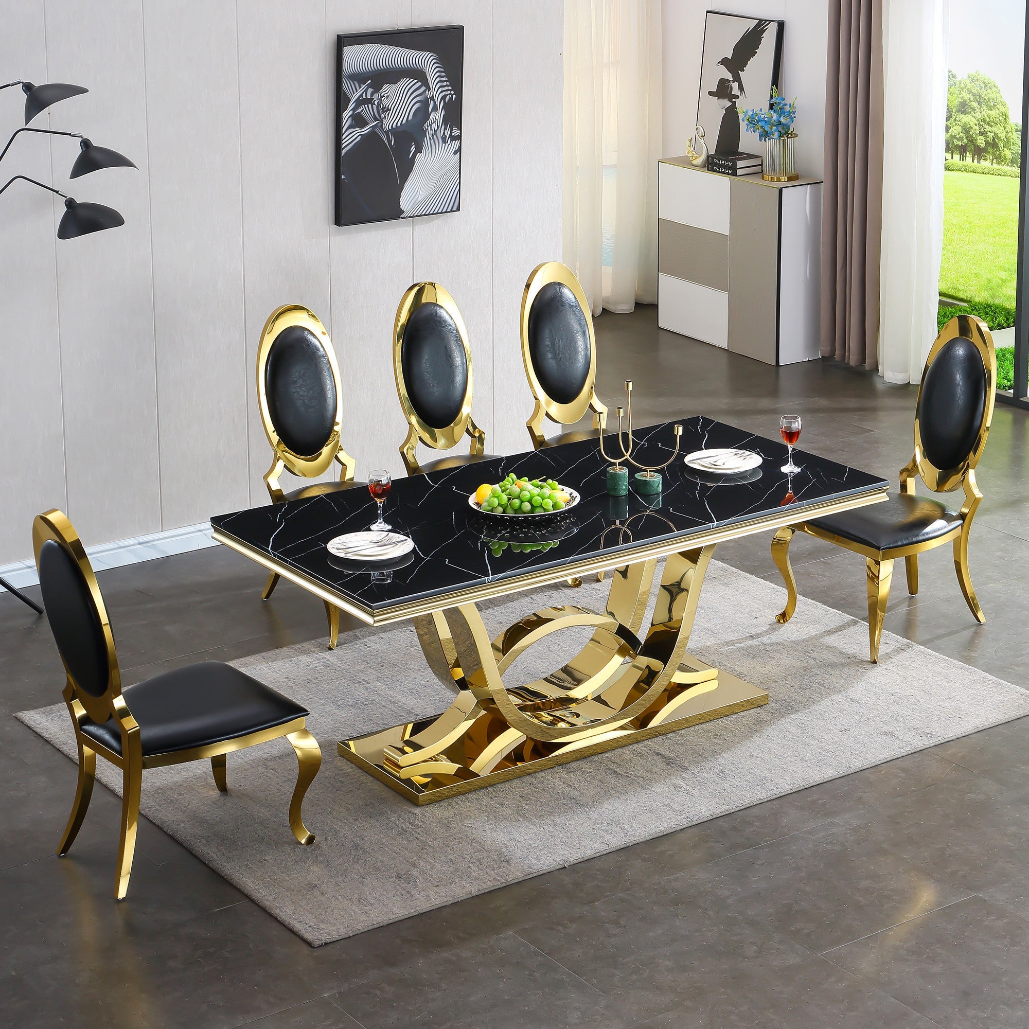 RECTANGULARDINING  TABLE 18 MM WHITE MARBLE 201 STAINLESS STEEL GOLD MIRRORED FINISH SIZE:78.7"Lx39.4"Dx29.5"H
