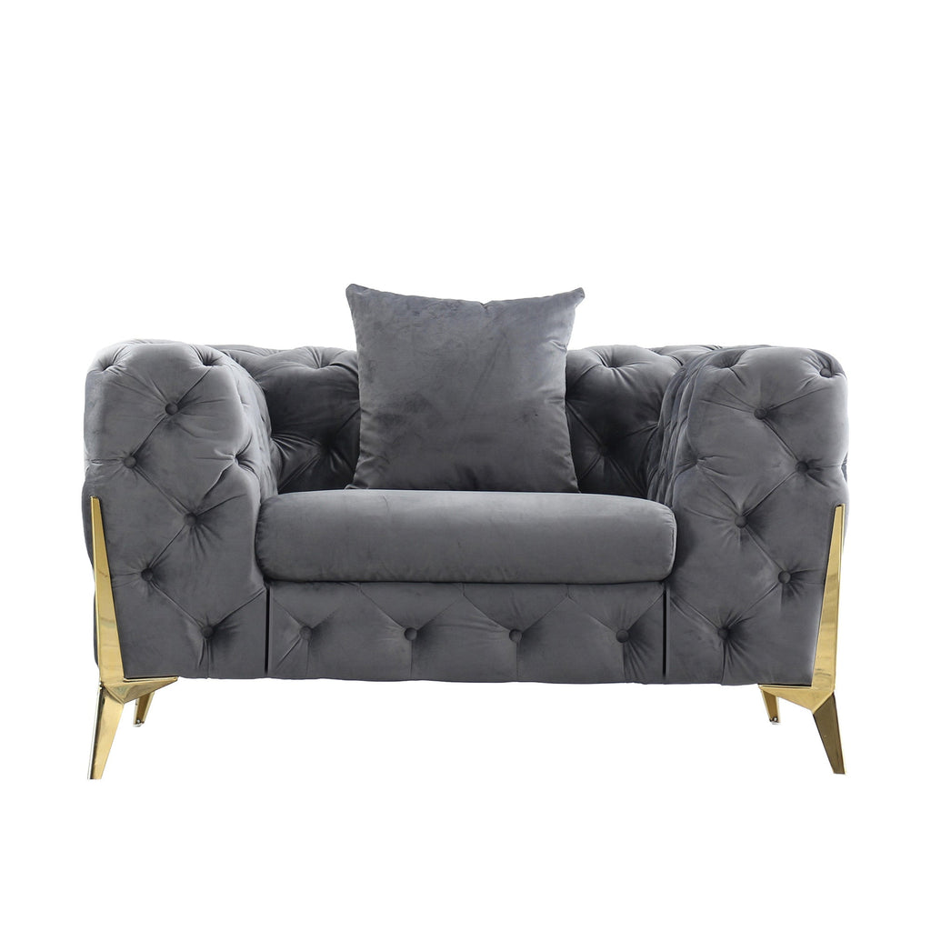 ARMCHAIR/LOVESEAT/SOFA VELVET:100% POLYESTER SOLID WOOD STRUCTURE HIGH-DENSITY FOAM GOLD METAL LEG ARMCHAIR::48"Lx35"Dx30"H LOVESEAT: 72"Lx35"Dx30"H SOFA:96"Lx35"Dx30"H AVAILABLE COLOR: BLACK/BLUE/GREY
