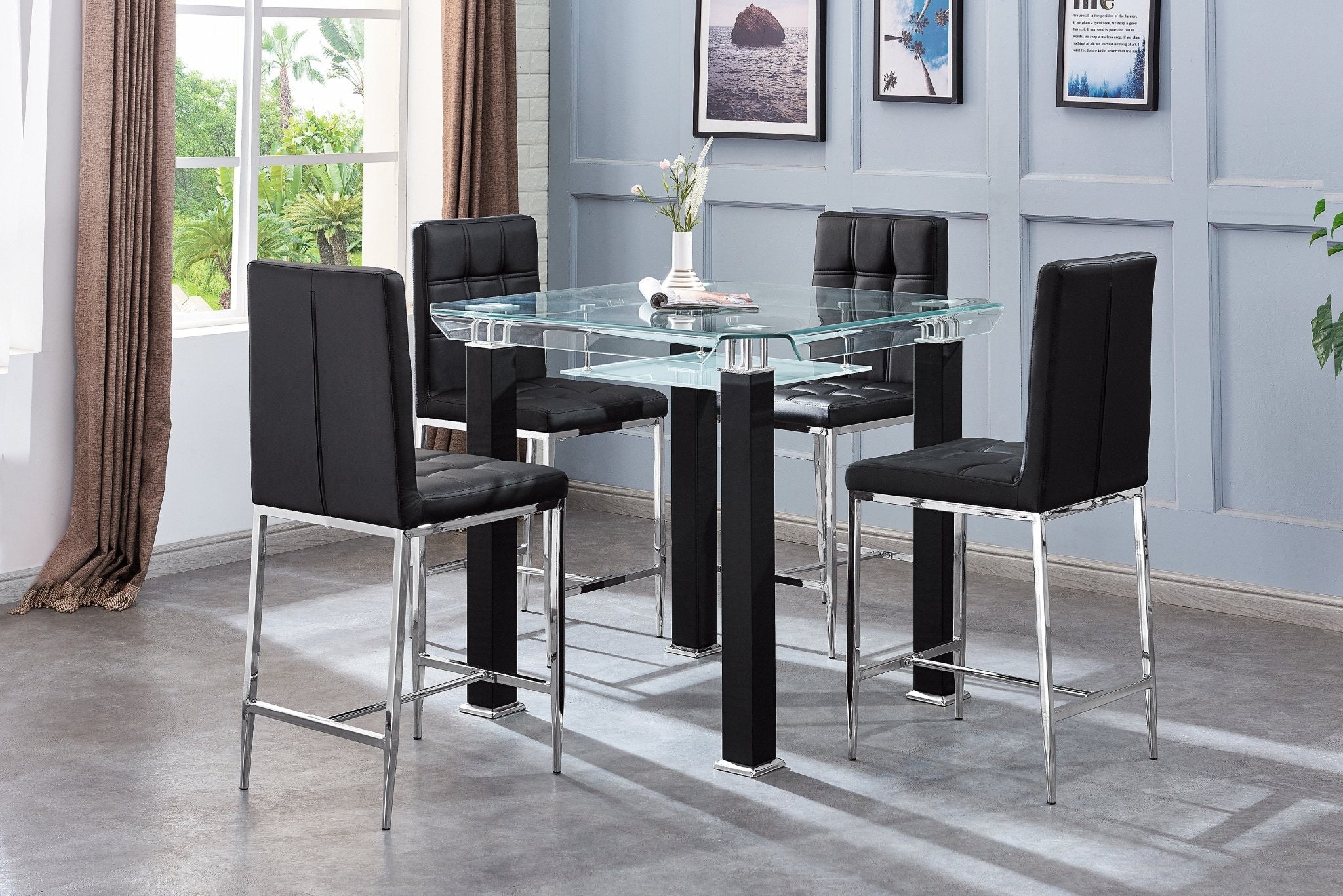SQUARE COUNTER HEIGHT DINING TABLE SET BENDED GLASS 12MM / METAL / PU / STAINLESS STEEL / CHROME COLOR OPTIONS: WHITE BLACK GREY (SOLD AS SET) JD100 TABLE SIZE : L39.5"XW39.5"XH35.5" DC66 CHAIR SIZE : 20.5"L x 17.3"D x 40.9"H