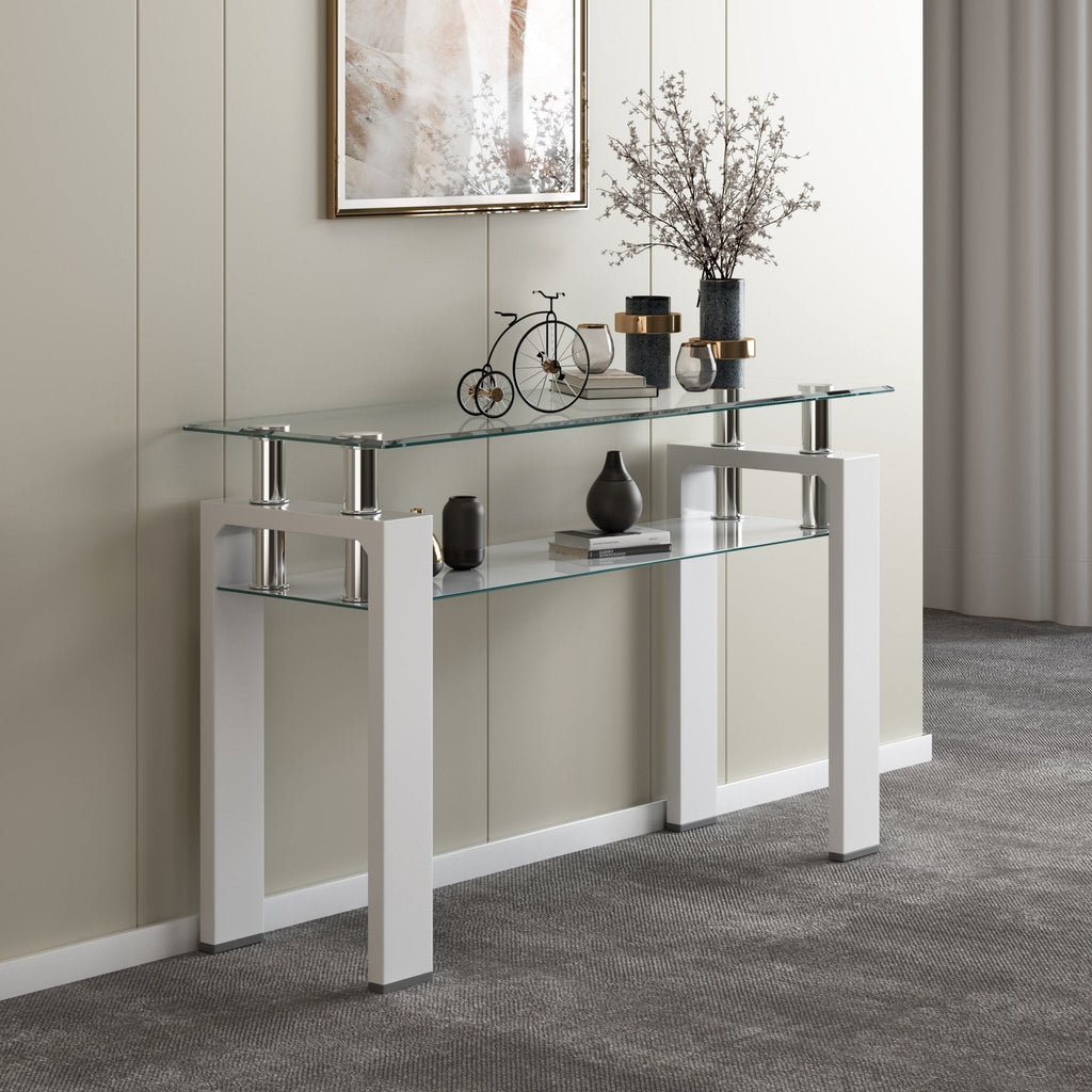 RECTANGULAR SOFA TABLE BEVELED TEMPERED GLASS 10MM / MDF / SHINY FINISH COLOR OPTIONS: WHITE BLACK SIZE : L45xW17.5xH31.5"