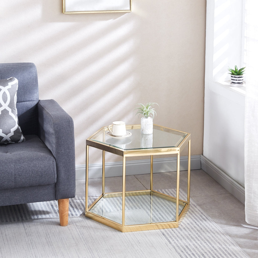 HEXAGON COFFEE TABLE TEMPERED GLASS/ STAINLESS STEEL AVAILABLE COLOR: GOLD/ SILVER FINISH SIZES : 22.8"L x 19.7"D x 16.5"H (ONLY ONE IN PER PACKAGE, PLEASE PURCHASE CORRESPONDING QUANTITY IF YOU NEED COMBINATION)