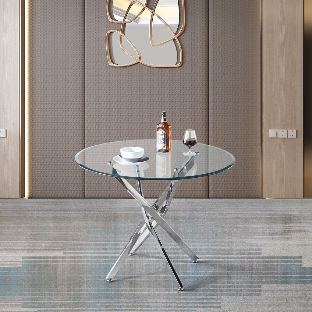 ROUNDDNING TABLE 10 MM CLEAR TEMPERED GLASS 201 STAINLESS STEEL SILVER/GOLD MIRRORED FINISH SIZE:36.0"Lx36.0"Dx30.2"H