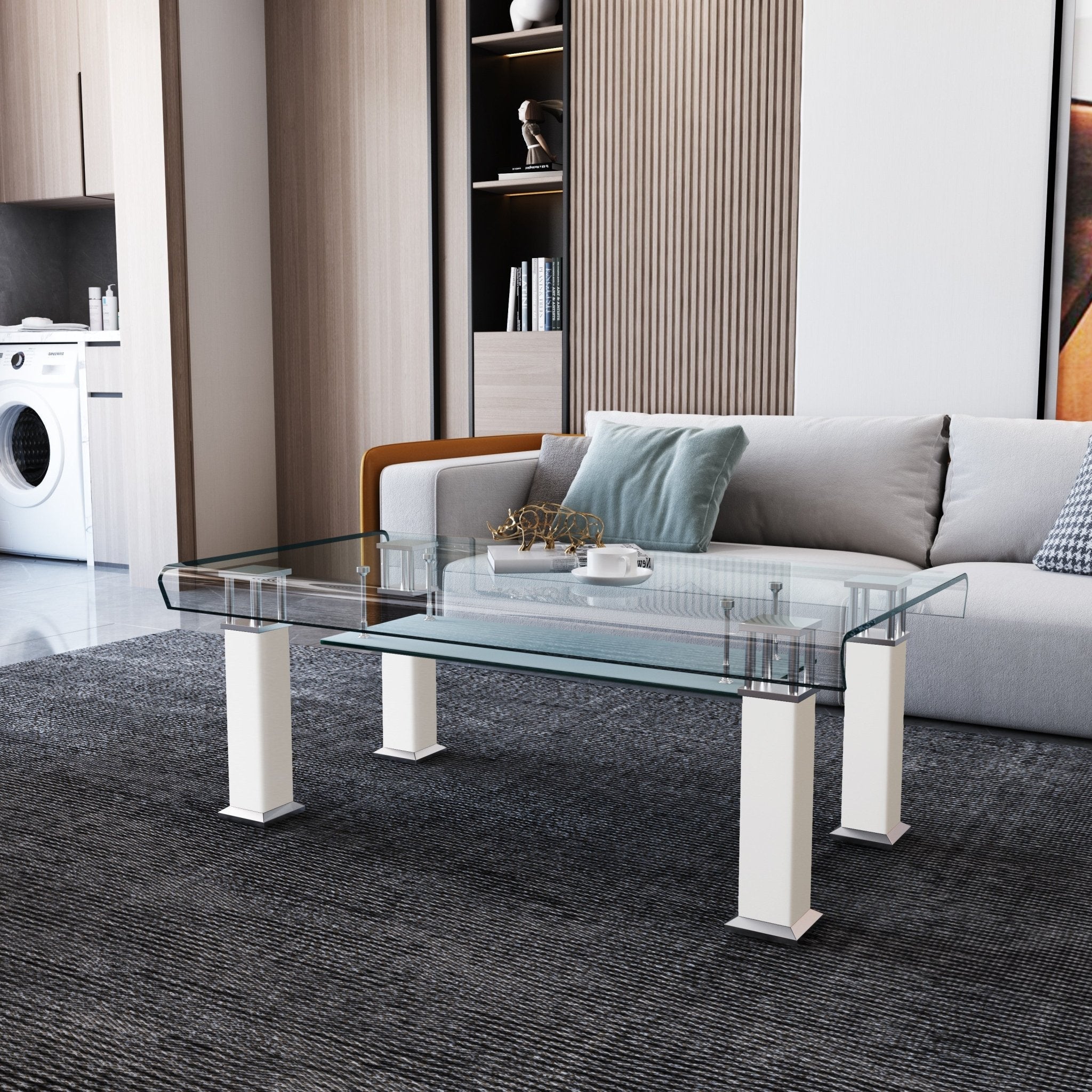 COFFEE TABLE TEMPERED GLASS 10MM / PU COLOR OPTIONS: WHITE SIZE : L47" x W26" x H18"