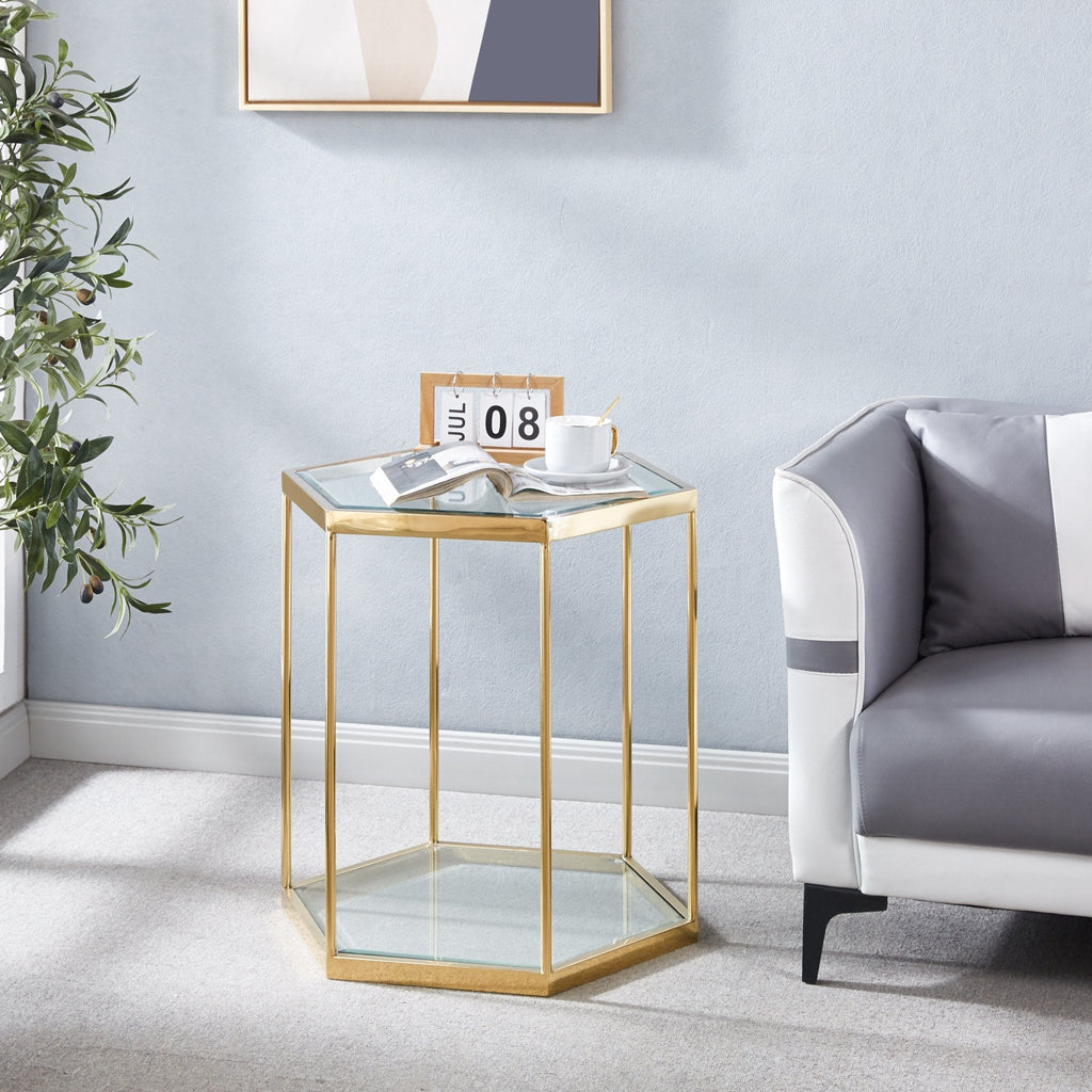 HEXAGON END TABLE TEMPERED GLASS/ STAINLESS STEEL AVAILABLE COLOR: GOLD/ SILVER FINISH SIZES : 22.8"L x 19.7"D x 23.6"H (ONLY ONE IN PER PACKAGE, PLEASE PURCHASE CORRESPONDING QUANTITY IF YOU NEED COMBINATION)