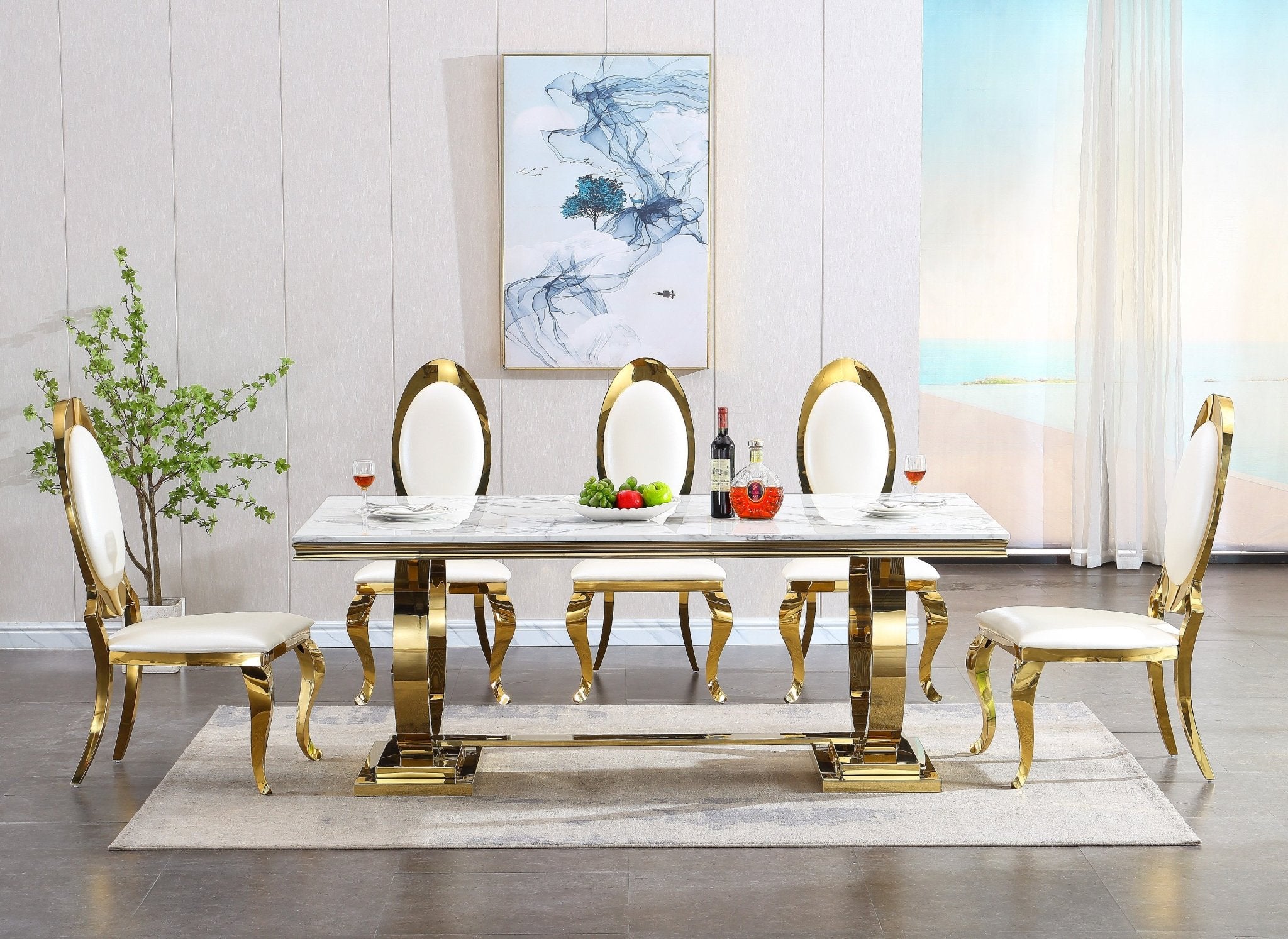 RECTANGULAR DINING TABLE 18MM WHITE MARBLE STAINLESS STEEL GOLD MIRRORED FINISH SIZE: 79"Lx39"Dx30"H