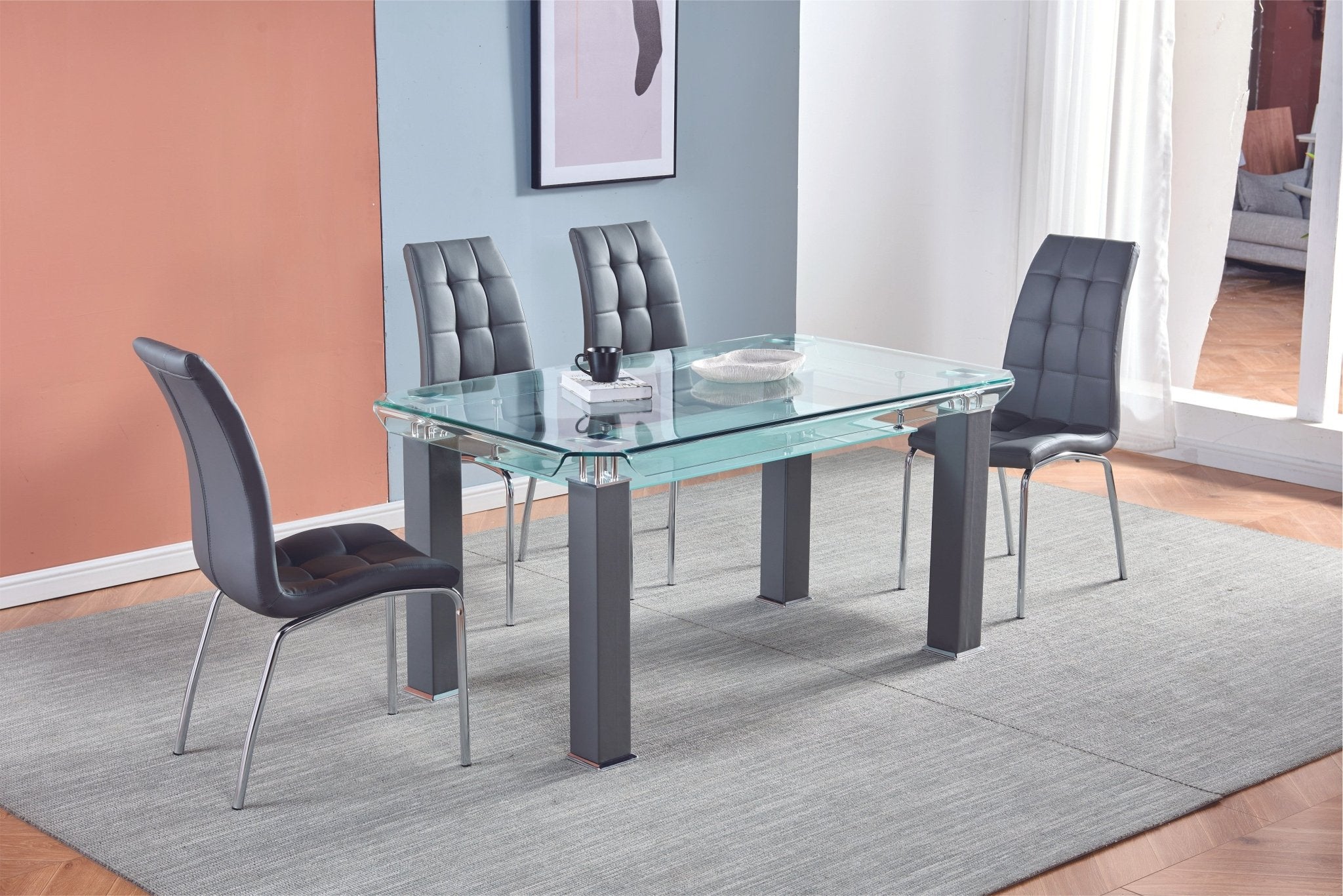 RECTANGULAR DINING TABLE BENDED THICK GLASS 12MM / METAL / PU COLOR OPTIONS: BLACK WHITE GREY SIZE : L59xW35.5xH29.5"