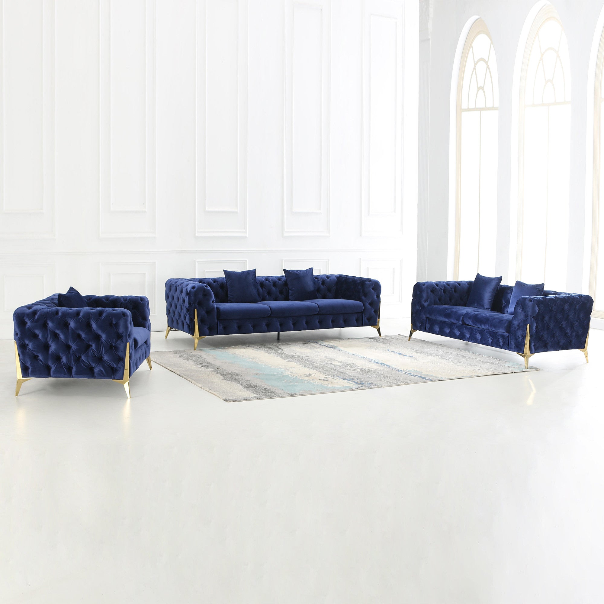 ARMCHAIR/LOVESEAT/SOFA VELVET:100% POLYESTER SOLID WOOD STRUCTURE HIGH-DENSITY FOAM GOLD METAL LEG ARMCHAIR::48"Lx35"Dx30"H LOVESEAT: 72"Lx35"Dx30"H SOFA:96"Lx35"Dx30"H AVAILABLE COLOR: BLACK/BLUE/GREY