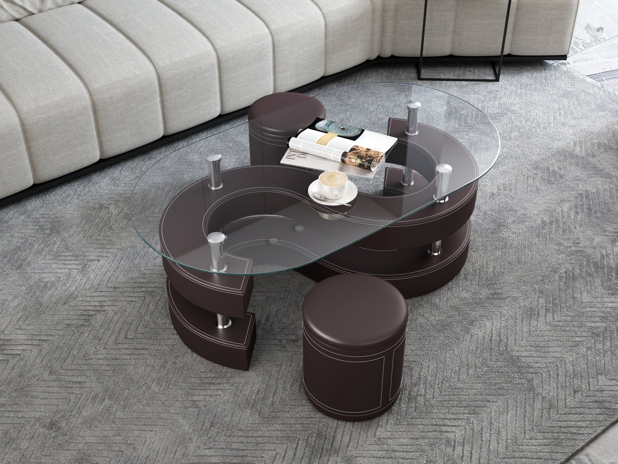 OVAL COFFEE TABLE SET TEMPERED GLASS 10MM / MDF / METAL / PU / 2 ROUND STOOLS COLOR OPTIONS: BLACK WHITE BROWN RED SIZE : L50.5xW27.5xH17.5"